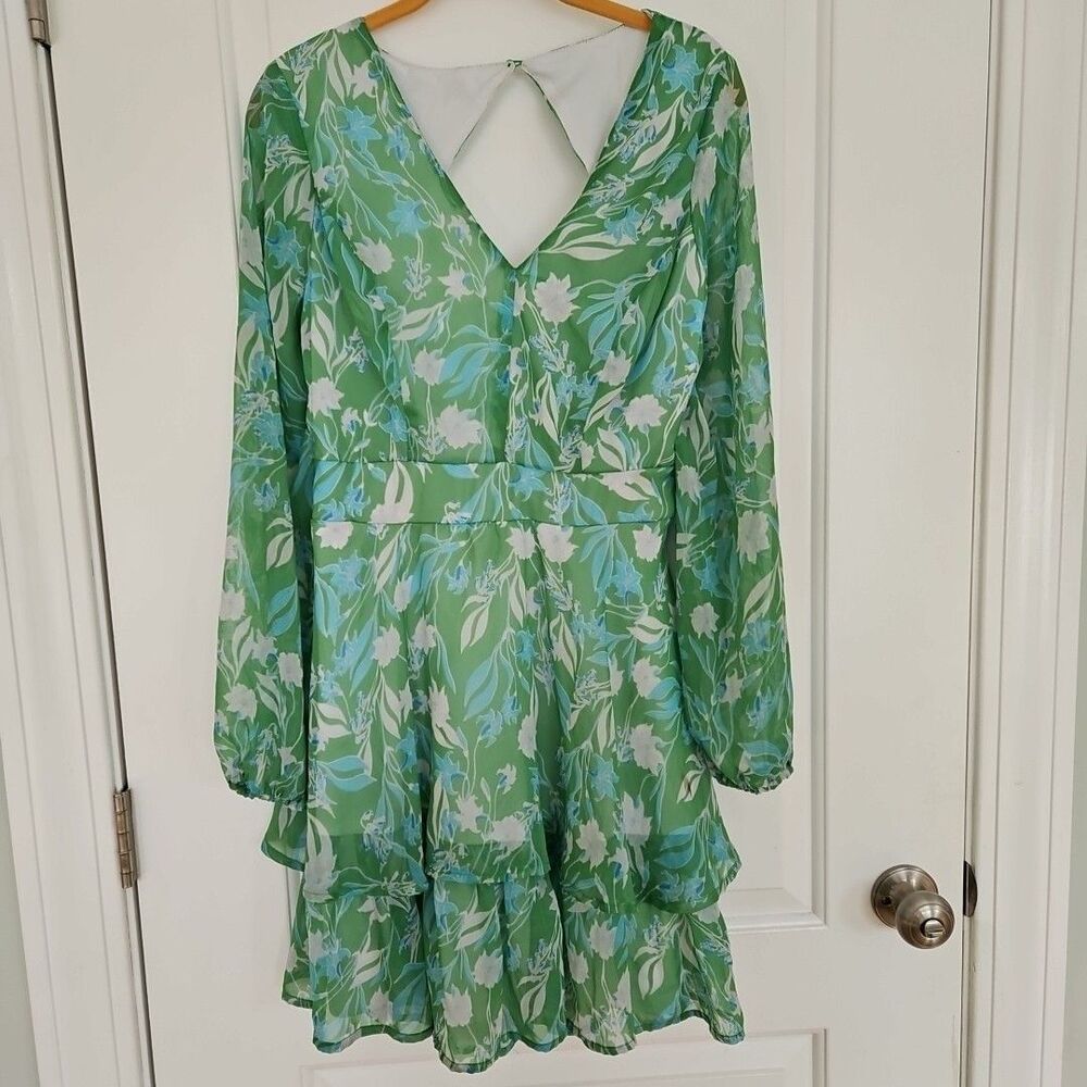Jessica Simpson Green Women's Floral LS‎ A-Line Midi Dress Polyester Preowned
